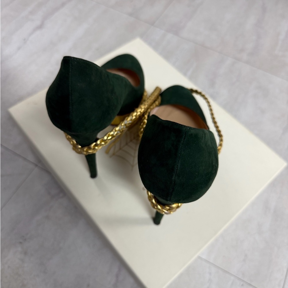 Charlotte Olympia Dolly Braid Heels Green Suede Gold Chain Platform Pumps 40 - Picture 3 of 3